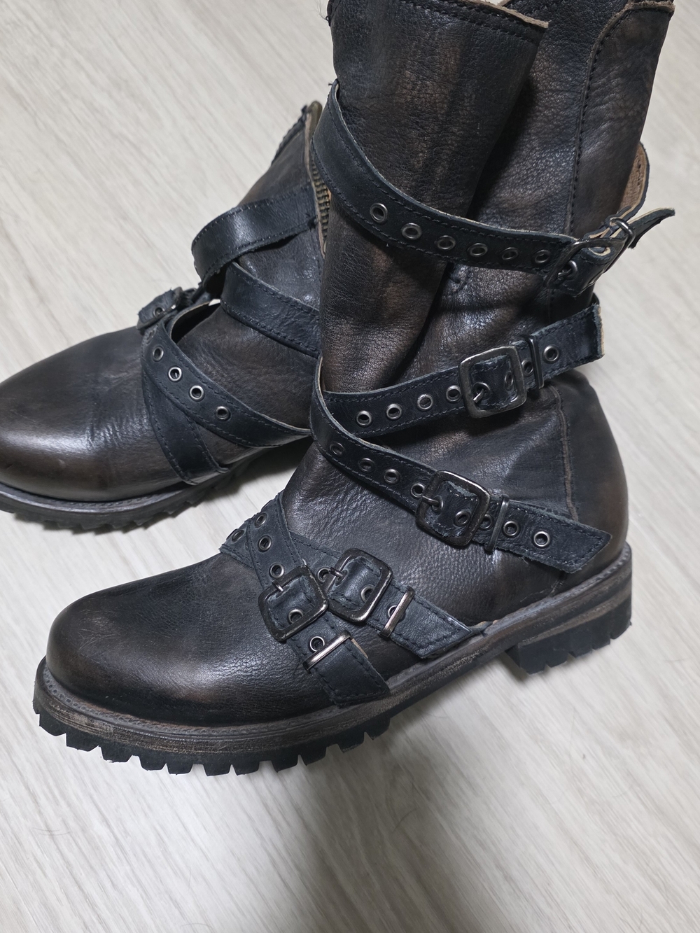 freebird Black Brown Buckle Strap Leather Heeled Boots